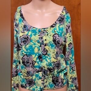 Cardigan Sweater XXI Twist Green Floral Button Front Size M *Retro Sweetheart*